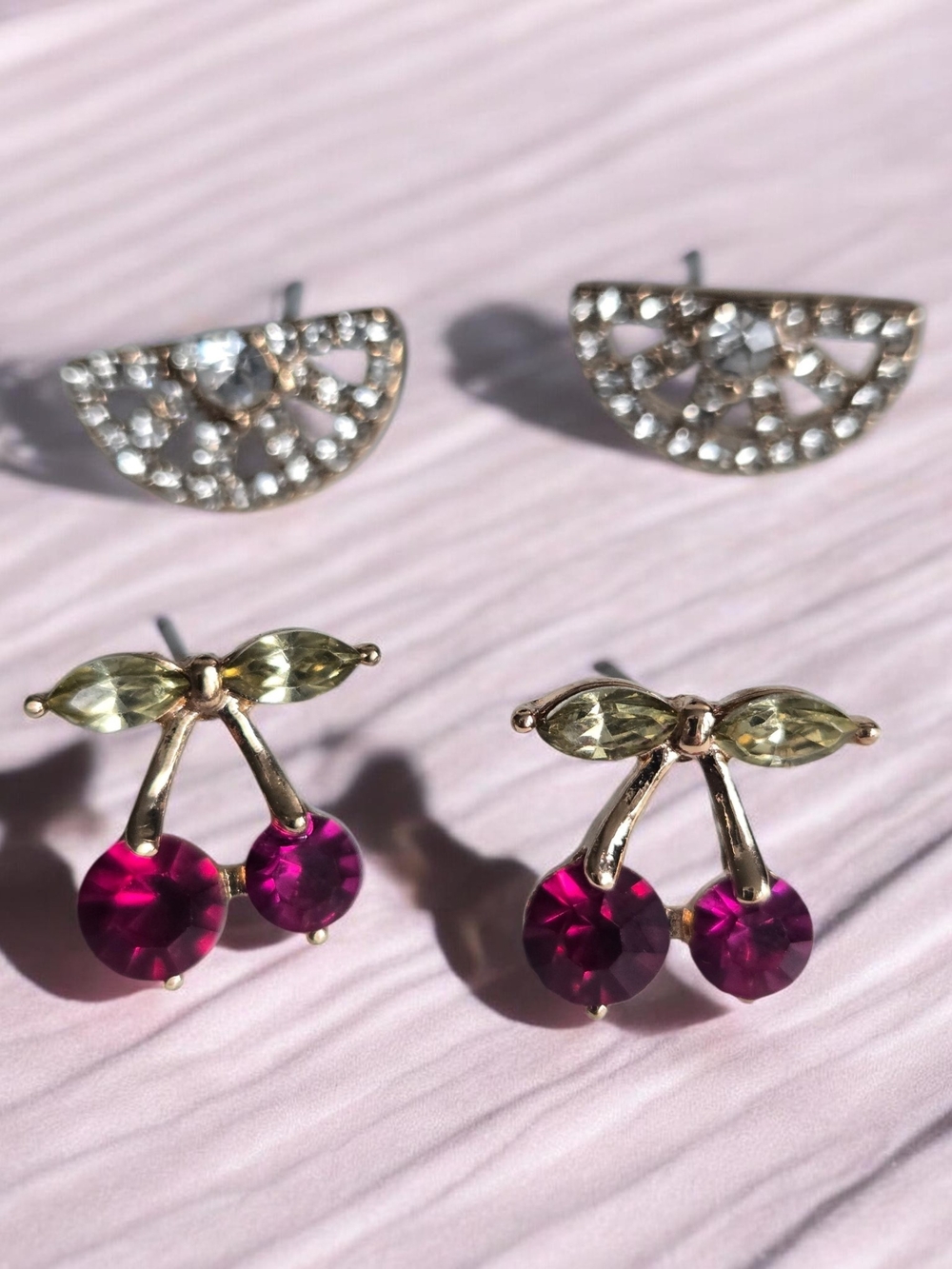 Aldo Gold-Tone Cherry Stud Earrings with Fuchsia and Light Green Stones